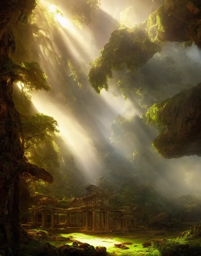 Image similar to an ancient temple lost in a gigantic forest by thomas cole, painting, cinematography, epic lighting, volumetric, fog, god rays