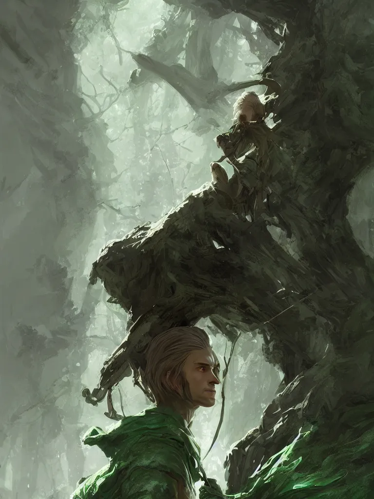 Image similar to portrait of a male wood elf ranger with white hair, green eyes and a dark evergreen cloak, fantasy, intricate, elegant, highly detailed, digital painting, trending on artstation, concept art, smooth, sharp focus, illustration by greg rutkowski, craig mullins, frank frazetta