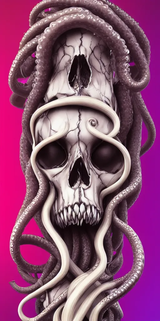 Image similar to a woman skull of death with hair in tentacle, her eyes are lenses by Moebius, chromatic aberration, hyper detailled, trending on artstation