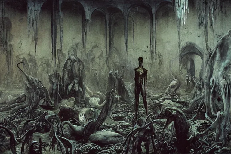 Image similar to an eerie painting of a cacophony of demons sacrificing humans in a grungy derelict georgian manor interior with colourful graffiti on the walls and garbage scattered on the floor, reclaimed by nature by zdzisław beksinski, wayne barlowe, hr giger, luis royo, agostino arrivabene