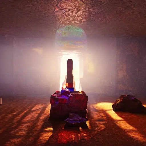 Image similar to a hyperrealistic 3 d render of a dmt trip, photorealism, dramatic lighting, volumetric lighting, 8 k, unreal engine, octane render