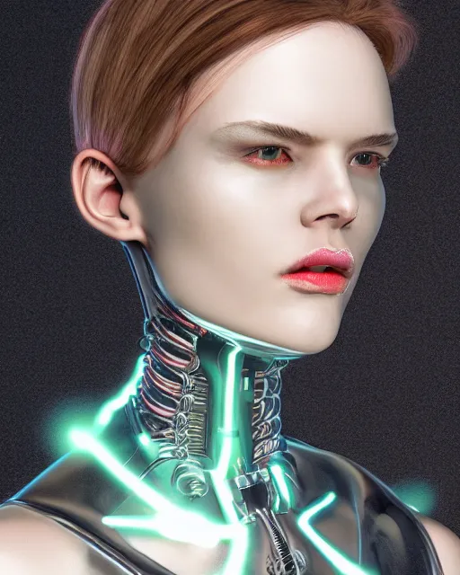 Image similar to fashion portrait, most beautiful girl in the world, glowing cybernetic augments, hyperrealism, year 2447, cdx