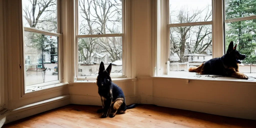 Prompt: wide - angle photo from 2 0 feet distance. a german shepherd puppy sits on the sofa near a bay window in a cozy kitchen. the puppy is patiently waiting while looking outside on a warm sunny day. muted colors, dark outlines, bill watterson