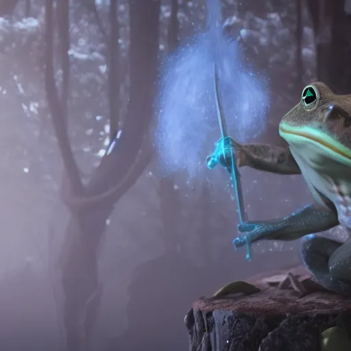 Image similar to frog time wizard with a beard, emitting an immense ray of frost, epic, fantasy, octane render, ( final flash ), 8 k, cinematic