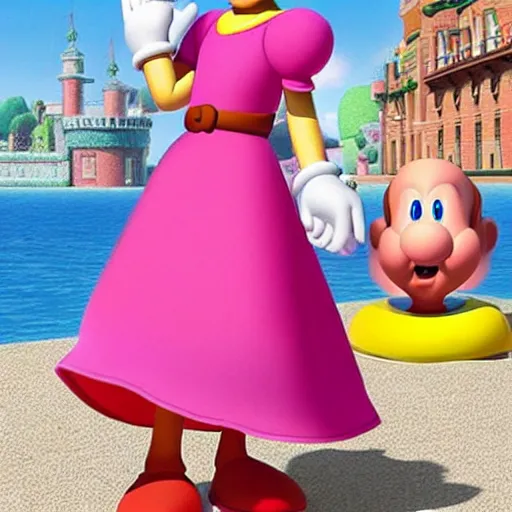 Image similar to mario from super mario wearing a pink dress, pixar animation