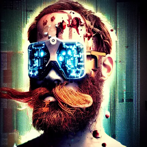 Image similar to Beautiful Photo of Arduino Uno in the robot's head. beard man. Cyberpunk. splatterpunk. 4K