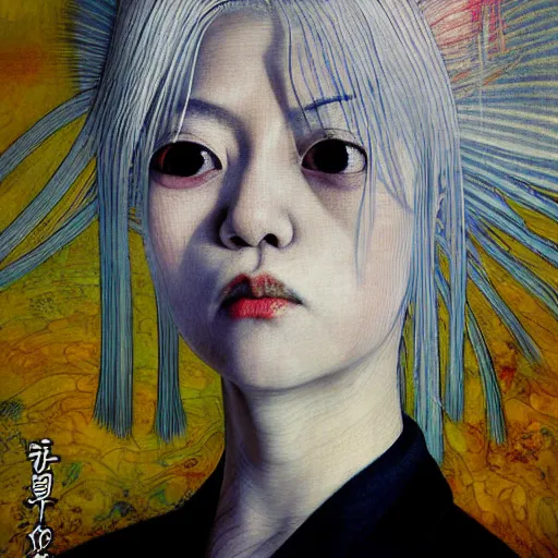 Image similar to yoshitaka amano blurred and dreamy realistic portrait of a woman with white hair and black eyes wearing dress suit with tie, junji ito abstract patterns in the background, satoshi kon anime, noisy film grain effect, highly detailed, renaissance oil painting, weird portrait angle, blurred lost edges, three quarter view