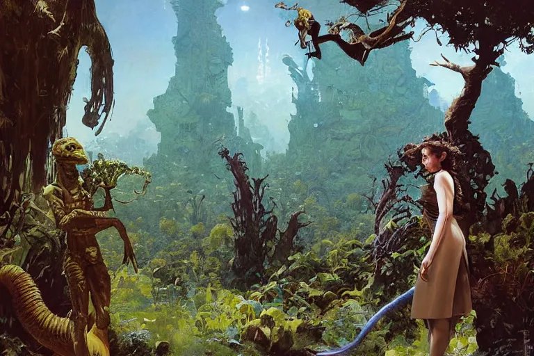 Image similar to pulp scifi illustration, elegant woman meets lizard alien in beautiful garden, flowers, baobab trees, distant town in valley and hills, spacehip lands, by norman rockwell, jack kirby, john berkey, bergey, craig mullins, ruan jia, raymond swanland, jeremy mann, beksinski, tom lovell, alex malveda, schomburg