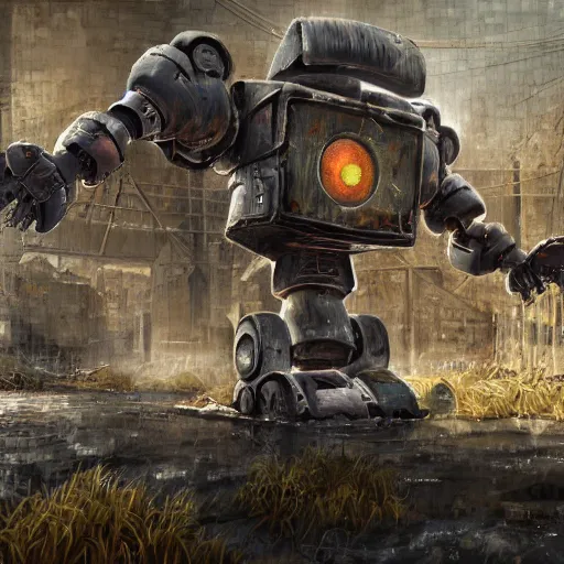 Prompt: Huge Sponge Bob mecha robot abandoned under a bridge. rusting, apocalyptic dystopia. unreal engine, 4k, trending on artstation, digital painting, highly detailed