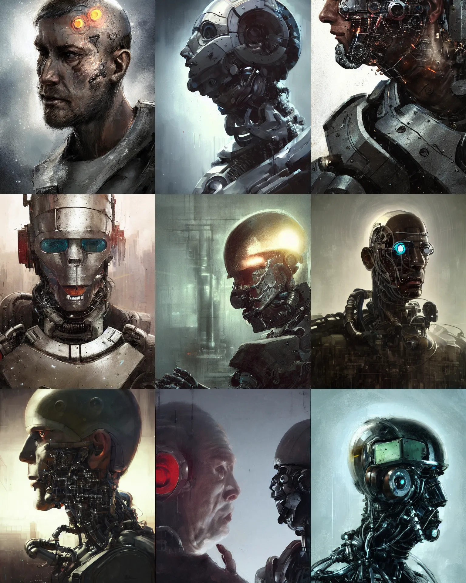 Prompt: a half - masked rugged laboratory engineer man with cybernetic enhancements as seen from a distance, scifi character portrait by greg rutkowski, esuthio, craig mullins, mechanical, 1 / 4 headshot, cinematic lighting, dystopian scifi gear, gloomy, profile picture, cyborg, half robot, implants, dieselpunk