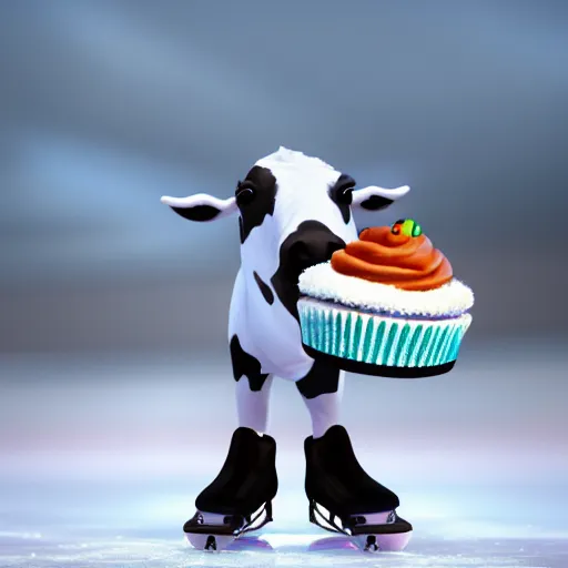 Prompt: a cow ice skating while eating a cupcake, beautiful digital painting, octane render, trending on artstation