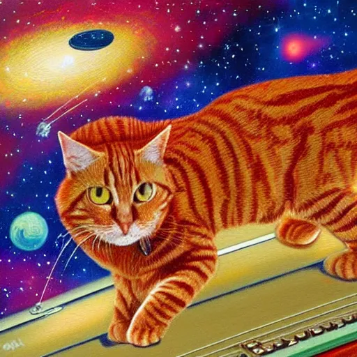 Image similar to a red tabby cat on a synthesizer flying through space , highly detailed oil painting in Memphis style