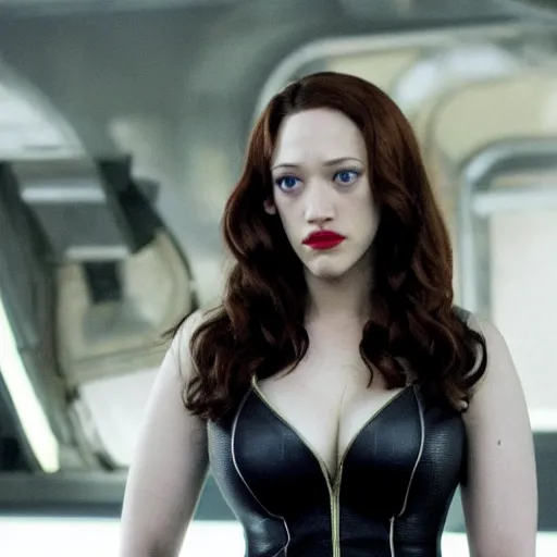 Image similar to a still of kat dennings as black widow in iron man 2 ( 2 0 1 0 ), detailed eyes