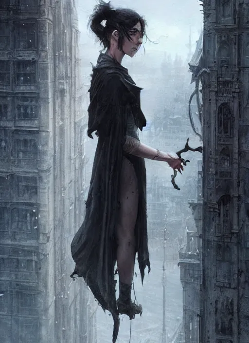 Image similar to a teenage girl with short dark hair and a tattered grey cloak. she stands on top of a building in a gothic fantasy city. beautiful painting by greg rutkowski