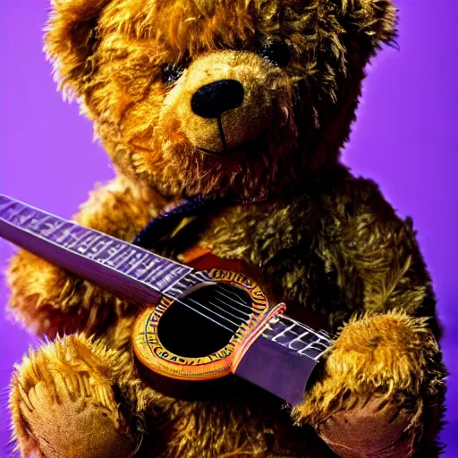 Image similar to a photograph of a teddybear, he is holding a guitar, vivid color, 50mm, depth of field