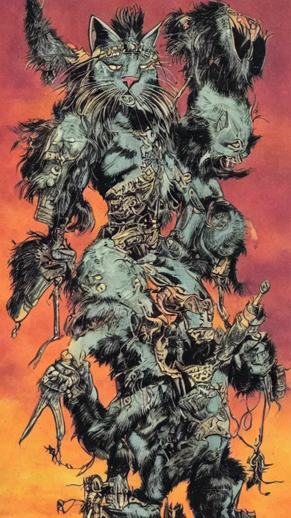 Prompt: 1 9 8 0 s heavy metal magazine illustration of a warrior cat by ralph bakshi