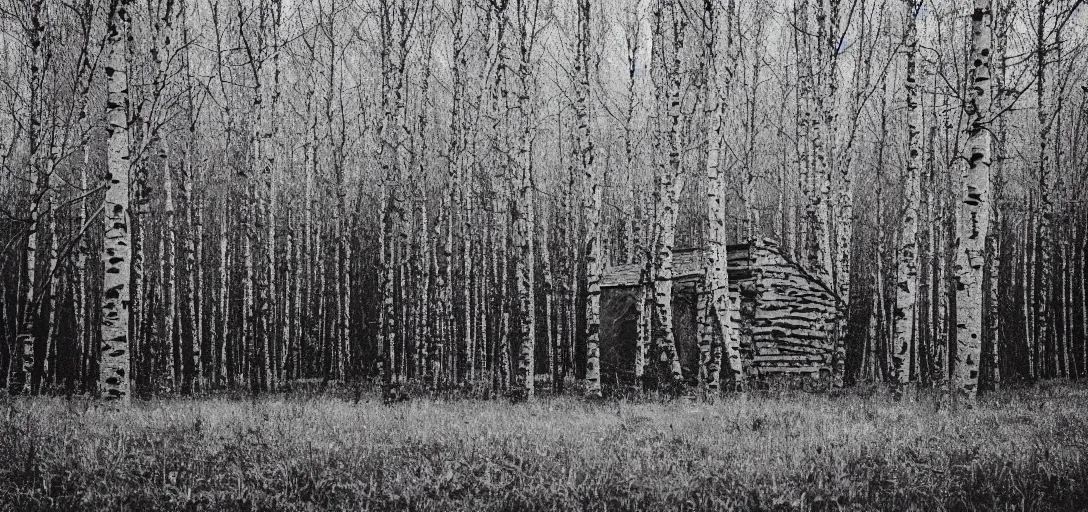 Prompt: strange house in the birch trees wood, monochrome analogue photo quality, blur, unfocus, cinematic, 35mm