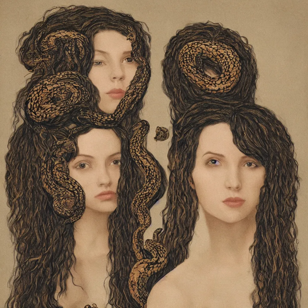 Prompt: Symmetrical portrait of a beautiful woman with snakes in her hair