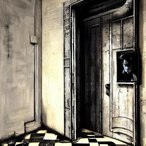 Image similar to diego dayer, hyperrealistic surrealism, award winning masterpiece with incredible details, a surreal vaporwave painting of door leading to nowhere, mirrors everywhere, highly detailed, black and white checkered floor