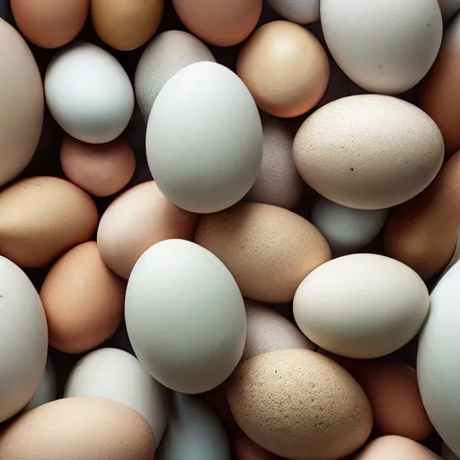 Prompt: several hundred eggs stacked into shapes