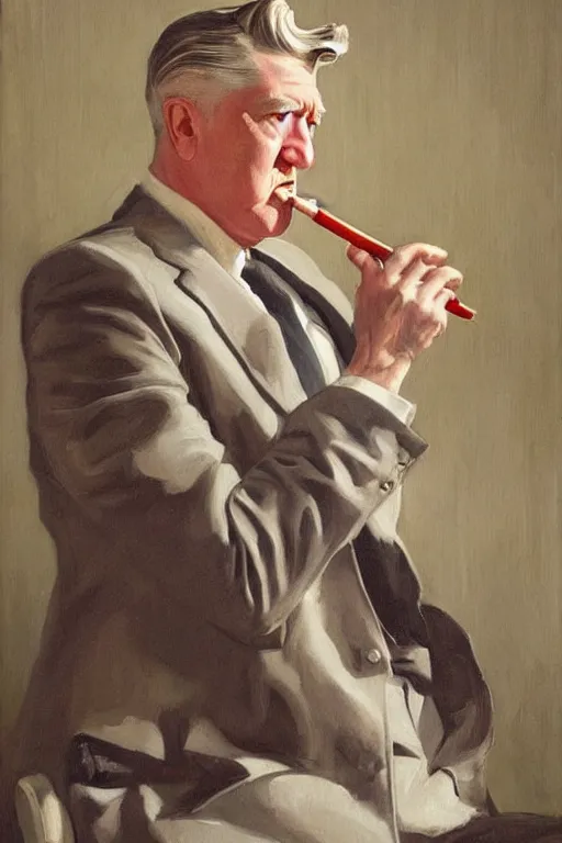 Image similar to david lynch smoking, painting by jc leyendecker!!, angular, brush strokes, painterly, vintage, crisp