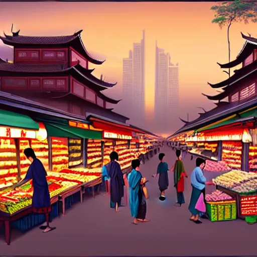 Image similar to an immaculate digital matte painting placid asian street market scene at dusk.