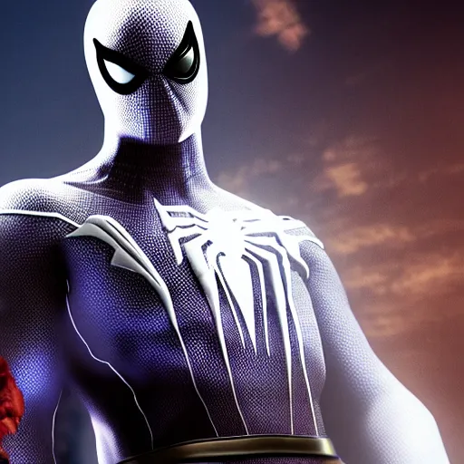 Image similar to character portrait of Spiderman merged with MoonKnight, 4k, highly detailed, cinematic lighting, characters merged