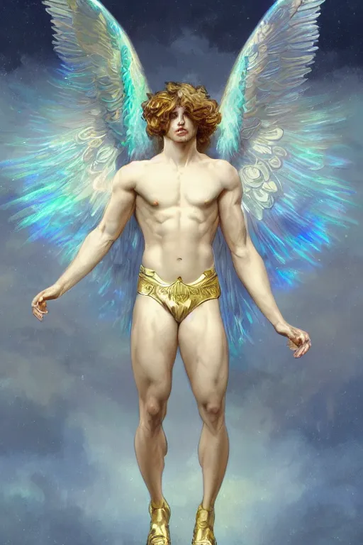 Prompt: fullbody portrait of a beautiful young fit male angel with curly blond hairs, fluent clothes around the legs, majestic symmetrical big eagle wings, luminous halo, by greg rutkowski and alphonse mucha, gradient white to gold, in front of an iridescent background, highly detailed portrait, digital painting, artstation, concept art, smooth, sharp focus illustration