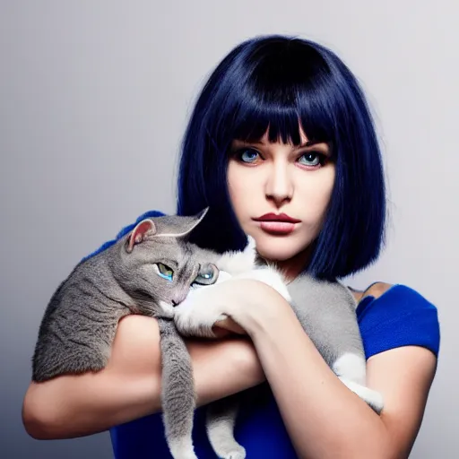 Prompt: A beautiful woman with blue short bob hair with bangs holding a grey and white cat, full body portrait, highly detailed, excellent composition, dramatic lighting, realistic 4k
