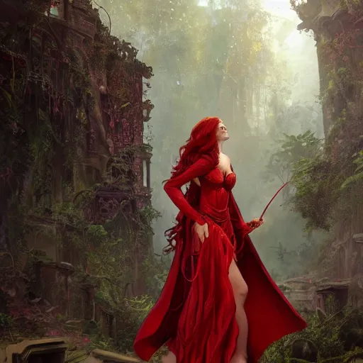 Prompt: a female draconic sorceress with curly red hair wearing a red dress and a red cloak exploring the ruins of an abandoned city in the jungle, fantasy, highly detailed, digital painting, artstation, concept art, character art, art by greg rutkowski and tyler jacobson and alphonse mucha