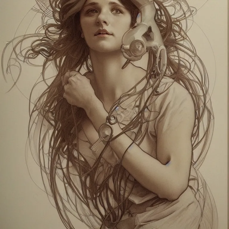 Prompt: hyperrealist pencil sketch of a lovely female nurse by david malan and alphonse mucha, fantasy art, drawing, circular composition!!!, dynamic lighting, artstation, poster, volumetric lighting, very detailed faces, 4 k, award winning