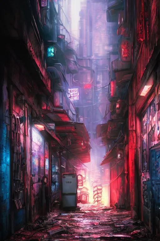 Prompt: fantasy cityscape alleyway digital painting, cyberpunk wallpaper, diffused lighting, with red and blue neon lighting, fog, trash and dumpsters in the alley, made by tae young choi and dang my linh, 8 k dop dof hdr, cyberpunk personage ( male or female ) in a punk rock suit by bastien lecouffe deharme