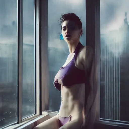 Image similar to a woman, moment, cyberpunk penthouse balcony, tech noir, wet skin, atmospheric, ambient, hopper, rupert everton, alexis flower, livia prima,