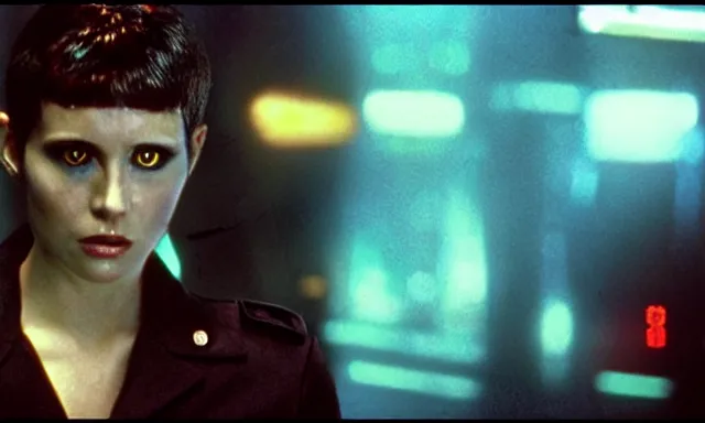 Image similar to full - color cinematic movie still from the 1 9 8 2 film blade runner depicting a very - attractive female police technician conducting the voight - kampff test. science - fiction ; gritty ; dystopian ; detective mystery. detailed facial - features.