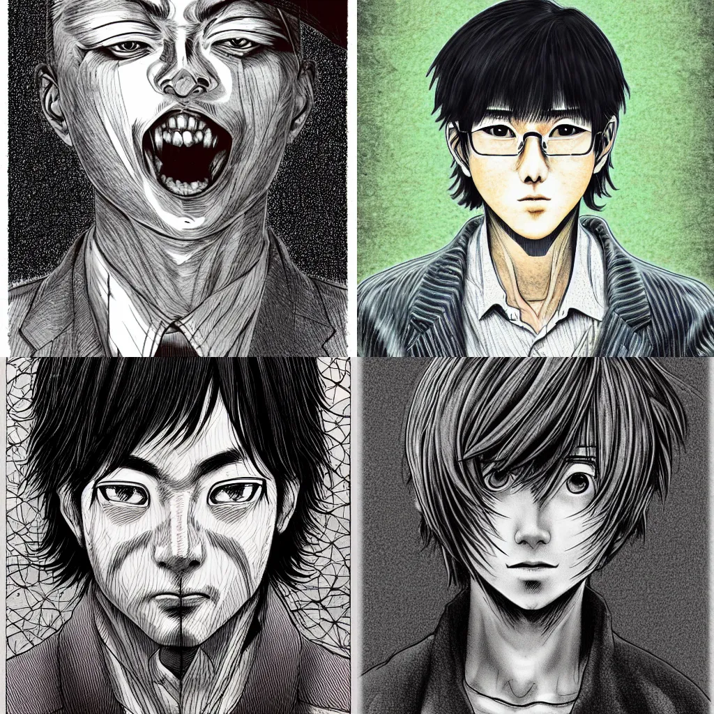 Prompt: shuichi saito, manga, highly detailed, digital art, centered, portrait, colored accurately, in the style of junji ito