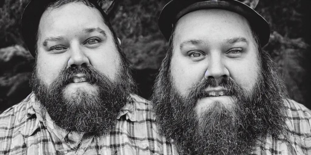 Prompt: obese redneck white male with long beard, wearing dirty overalls, dirty face, grin, portrait, close up, kodak gold 2 0 0, 5 0 mm