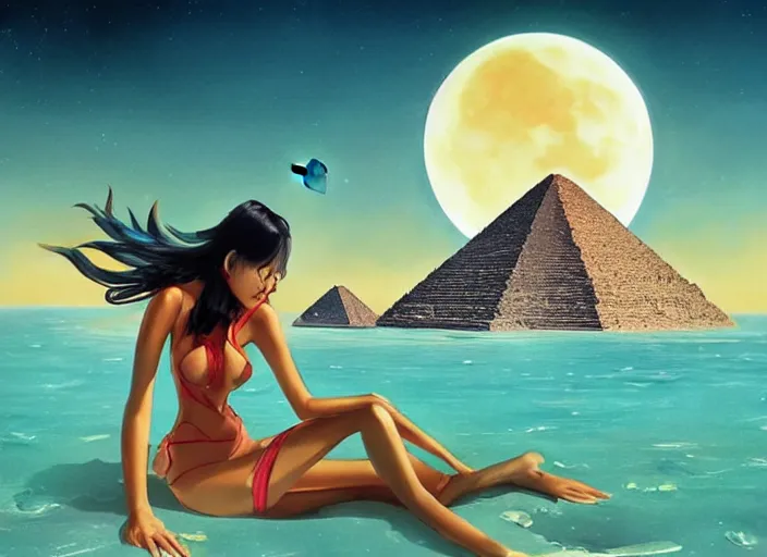 Image similar to lee jin - eun in luxurious dress emerging from turquoise water in egyptian pyramid city during an eclipse by peter andrew jones and conrad roset, rule of thirds, elegant look, beautiful, chic, face anatomy, cute complexion