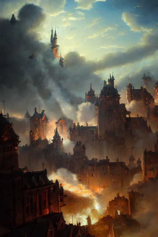 Image similar to baroque oil painting of anime key visual environment concept art of anime rail canon artillery firing over castle walls, smoke debris, grimdark steampunk fantasy, battlefield, trending on artstation, brush strokes, oil on canvas, style of kawacy and makoto shinkai and greg rutkowski and studio ghibli