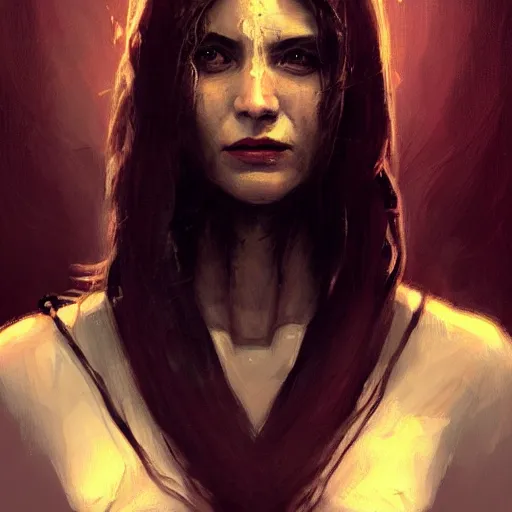 Image similar to portrait of an woman by Greg Rutkowski, she is about 20 years old, pretty, long brown wavy hair, scar near her mouth that makes her look like she's smiling all the time, wearing black sith robes, Star Wars Expanded Universe, highly detailed portrait, digital painting, artstation, concept art, smooth, sharp foccus ilustration, Artstation HQ