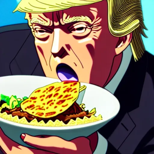 Prompt: beautiful makoto shinkai anime style digital painting portrait of donald trump eating a taco bowl, 4 k, 8 k, hd, high resolution, highly detailed, intricate detail, ultra realistic faces, digital art, trending on artstation, your name, weathering with you