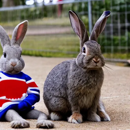 Image similar to a rabbit posing with Queen Elizabeth II in a park