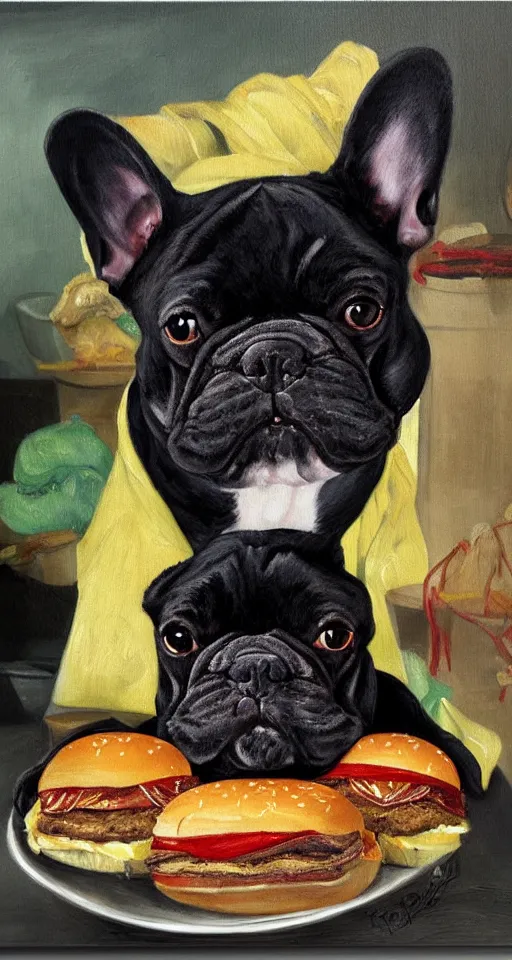 Prompt: painting of black french bulldog, portrait, tray of hamburgers, bright colors, highly detailed, rococo style painting