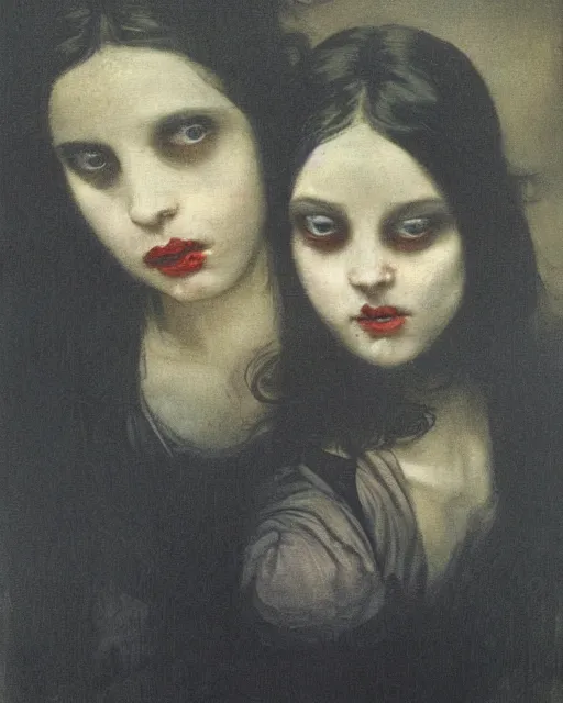 Prompt: a beautiful and eerie baroque painting of two beautiful but creepy siblings wearing black t - shirts in layers of fear, with haunted eyes and dark hair, 1 9 7 0 s, seventies, wallpaper, a little blood, morning light showing injuries, golden hour, delicate embellishments, painterly, offset printing technique, by brom, robert henri, walter popp