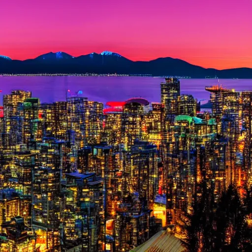 Image similar to vancouver bc canada at night, neon 8 k photo realistic