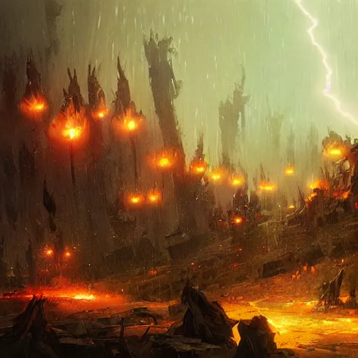 Image similar to a magical lightning storm destroys a goblin army, digital art, greg rutkowski