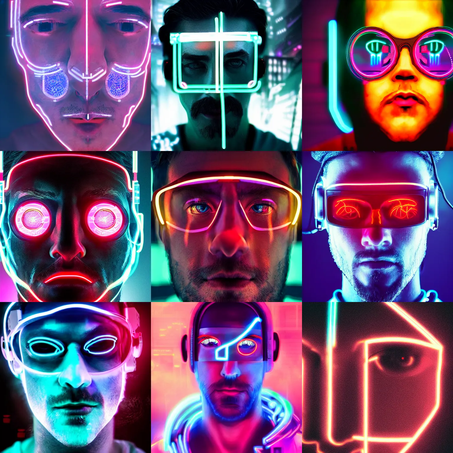 Prompt: beautiful cyberpunk artwork of a man with a screen on his face, neon lights, close up