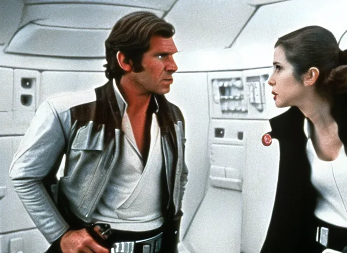 Prompt: screenshot of Han Solo dressed up as an imperial officer kissing Princess Leia Organa, iconic scene from 1970s thriller film directed by Stanley Kubrick, in a sci-fi shipping port, last jedi, 4k HD, cinematic lighting, beautiful portraits of Harrison Ford and Carrie Fischer, moody, stunning cinematography, anamorphic lenses, kodak color film stock