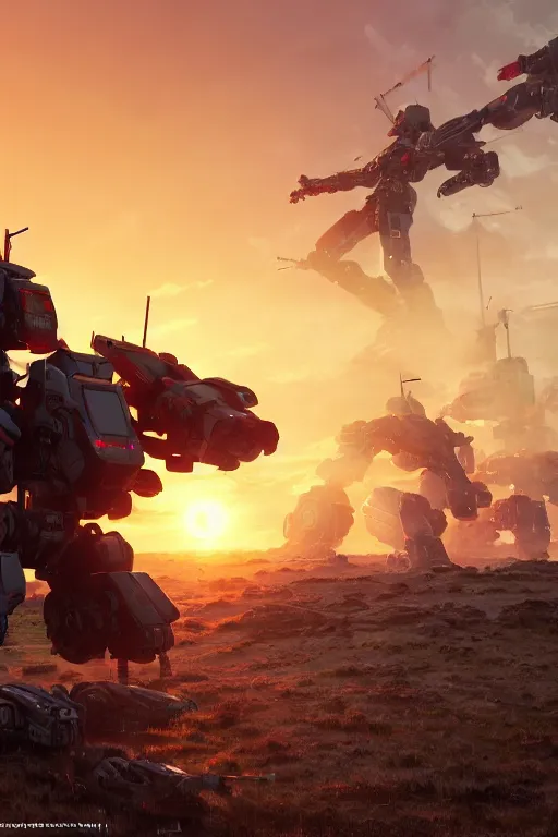 Image similar to A real photo of a Mechwarrior in battle stance, a sunset in the distance, by Josan Gonzalez, Yoji Shinkawa and Geof Darrow, highly detailed, Unreal Engine Render, lots of neon lights on the robot, 3D, 8k wallpaper, uplight