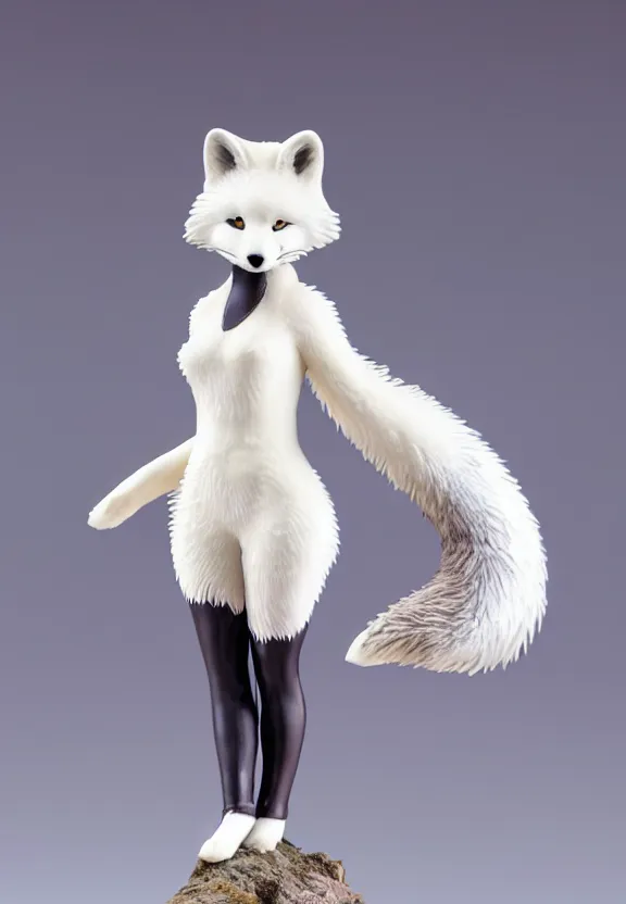 Image similar to still figurine of anthro furry arctic fox wearing an elegant summer blouse and leggings, personification, detailed product photo, dynamic pose, featured on amiami, 8 k, 8 5 mm, f. 1 4, beautiful composition