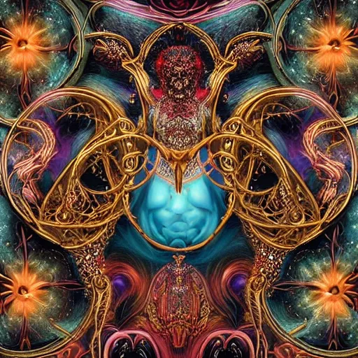 Prompt: Golden Retriever in a cosmic dress, full-body tattoos, ornate, rococo, Psychedelic, zbrush art, majestic, organics, silver filigree, colorful, dark fantasy, celtic knot, anatomical, h r giger style, moebius, frank frazetta, ornate, art nouveau, symmetrical, turquoise jewelry, red smoke, roses, unbiased render, rotten, Emil melmoth, eerie, macabre, haunting + insanely detailed and intricate, floral, faded pink, hypermaximalist, elegant, vintage, hyper realistic, super detailed, pastel color, 8K,